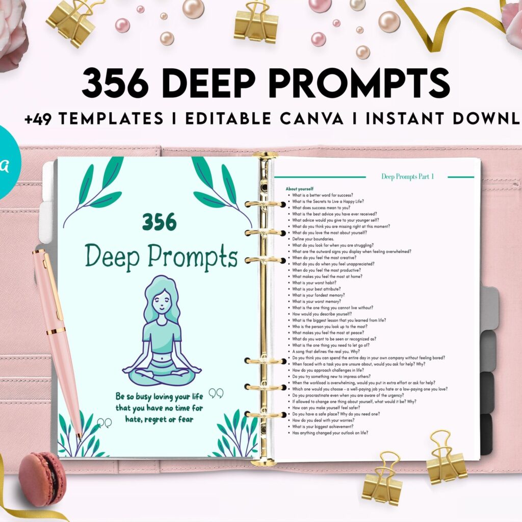 365 Prompts Journal, Mental Health Journal, Self Care Journal, Writing Prompts, Canva Editable Templates, Kdp interior, binder journal