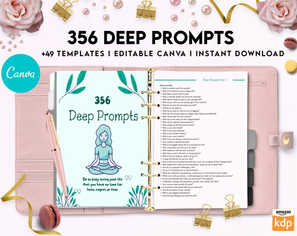 365 Prompts Journal, Mental Health Journal, Self Care Journal, Writing Prompts, Canva Editable Templates, Kdp interior, binder journal