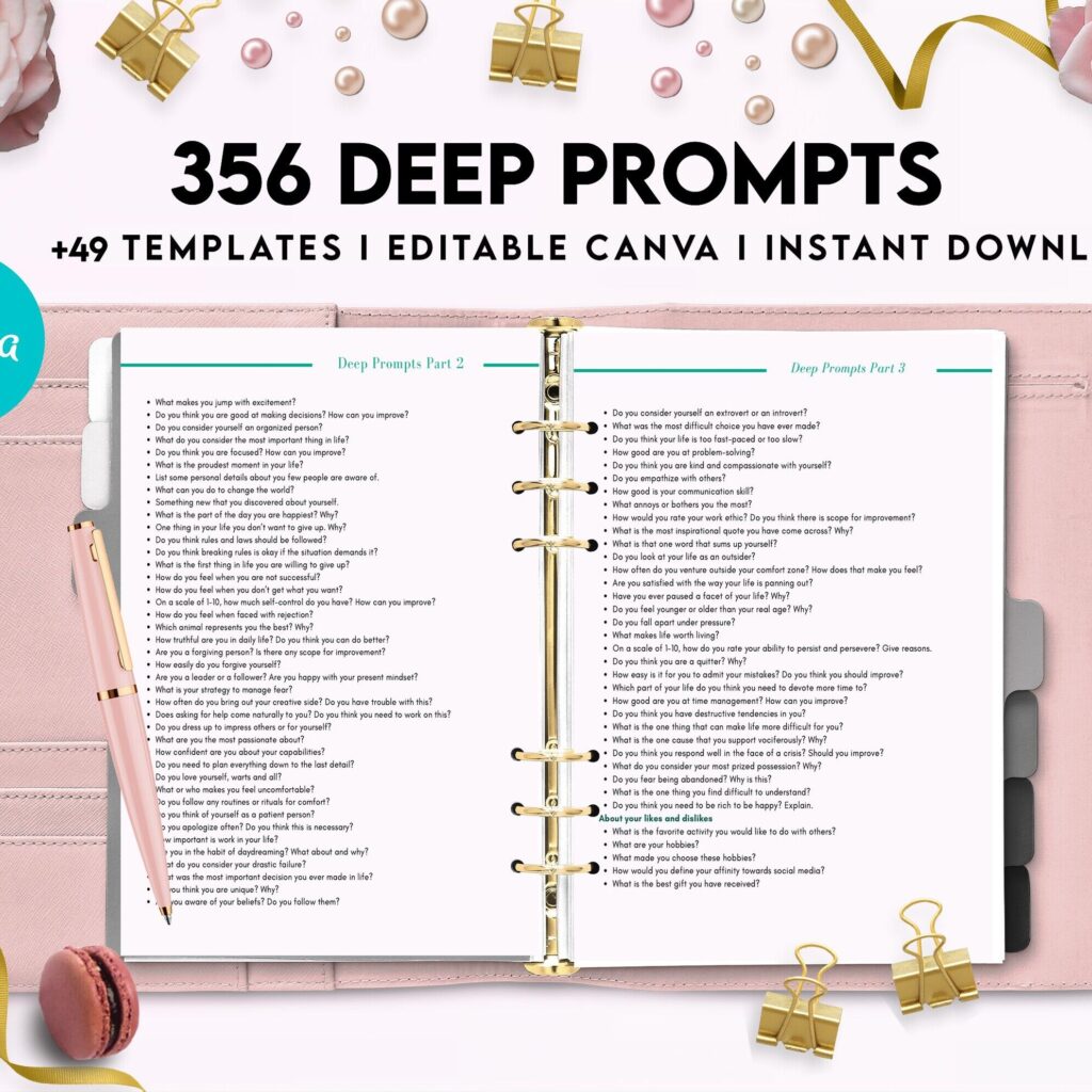 365 Prompts Journal, Mental Health Journal, Self Care Journal, Writing Prompts, Canva Editable Templates, Kdp interior, binder journal