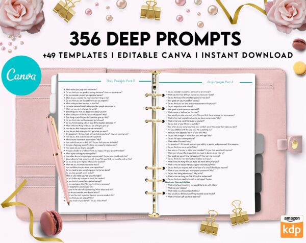 365 Prompts Journal, Mental Health Journal, Self Care Journal, Writing Prompts, Canva Editable Templates, Kdp interior, binder journal