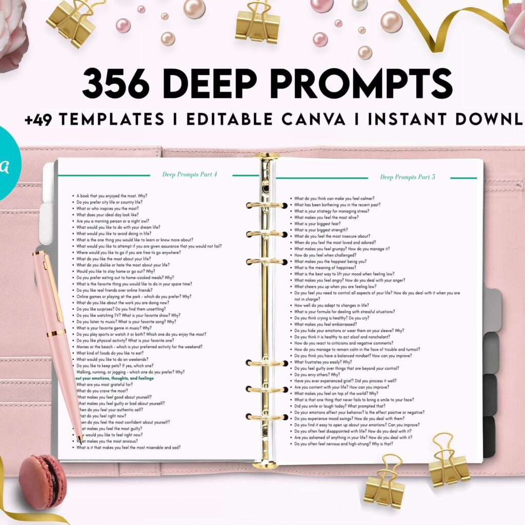 365 Prompts Journal, Mental Health Journal, Self Care Journal, Writing Prompts, Canva Editable Templates, Kdp interior, binder journal