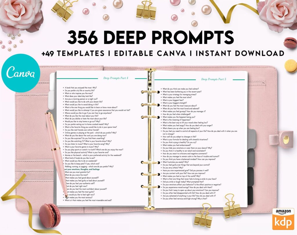 365 Prompts Journal, Mental Health Journal, Self Care Journal, Writing Prompts, Canva Editable Templates, Kdp interior, binder journal