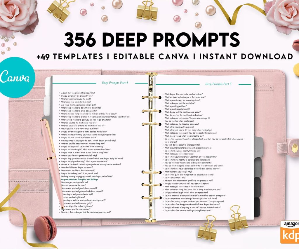 365 Prompts Journal, Mental Health Journal, Self Care Journal, Writing Prompts, Canva Editable Templates, Kdp interior, binder journal