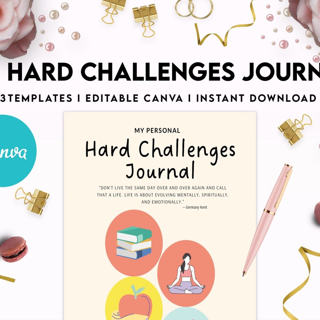 52 hard challenges, Daily chanllenges, diet, fitness, food, health, progress tracker, self care challenges, happiness, workout , Canva Editable Templates, Kdp interior
