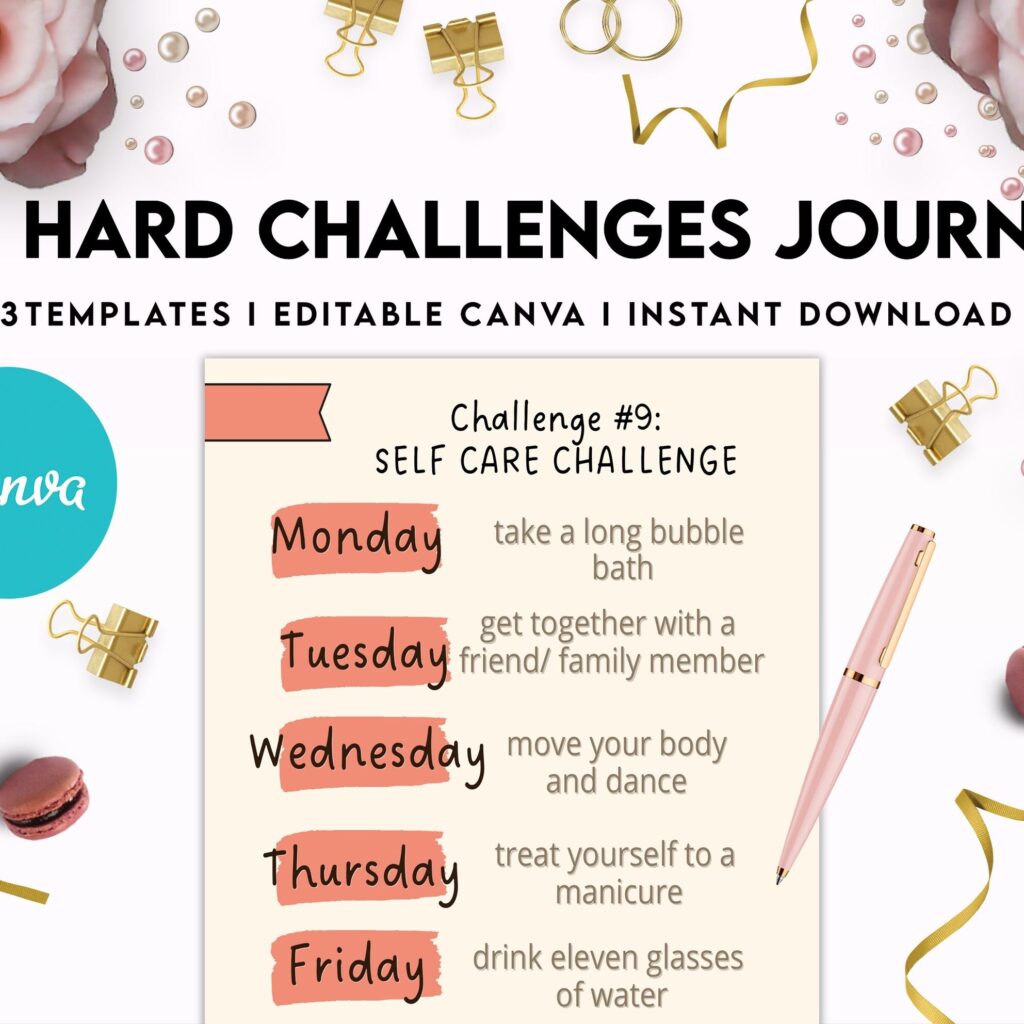 52 hard challenges, Daily chanllenges, diet, fitness, food, health, progress tracker, self care challenges, happiness, workout , Canva Editable Templates, Kdp interior