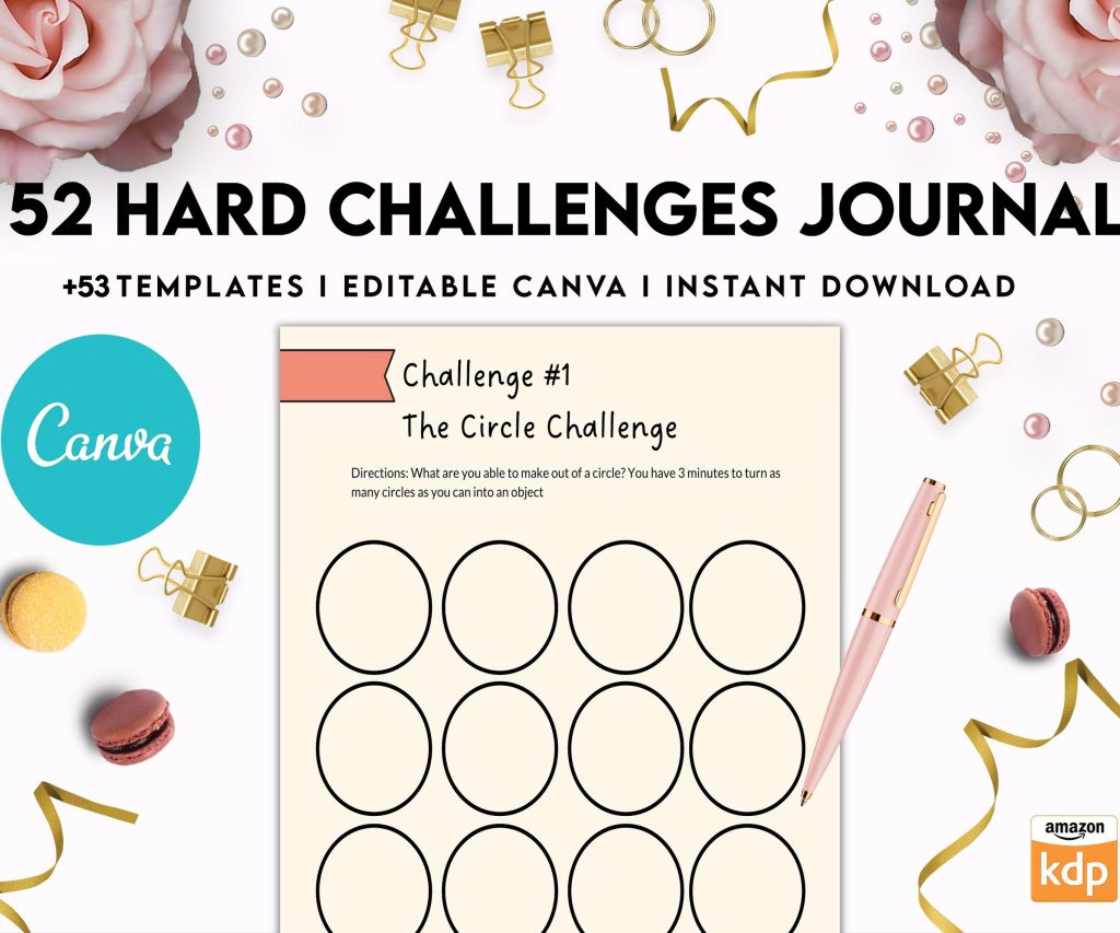 52 hard challenges, Daily chanllenges, diet, fitness, food, health, progress tracker, self care challenges, happiness, workout , Canva Editable Templates, Kdp interior