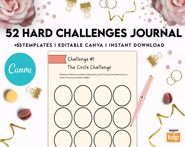 52 hard challenges, Daily chanllenges, diet, fitness, food, health, progress tracker, self care challenges, happiness, workout , Canva Editable Templates, Kdp interior