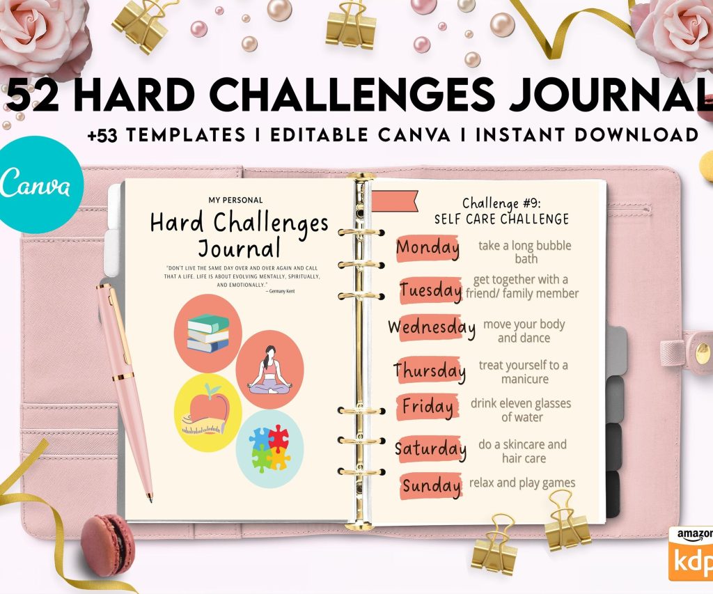52 hard challenges, Daily chanllenges, diet, fitness, food, health, progress tracker, self care challenges, happiness, workout , Canva Editable Templates, Kdp interior