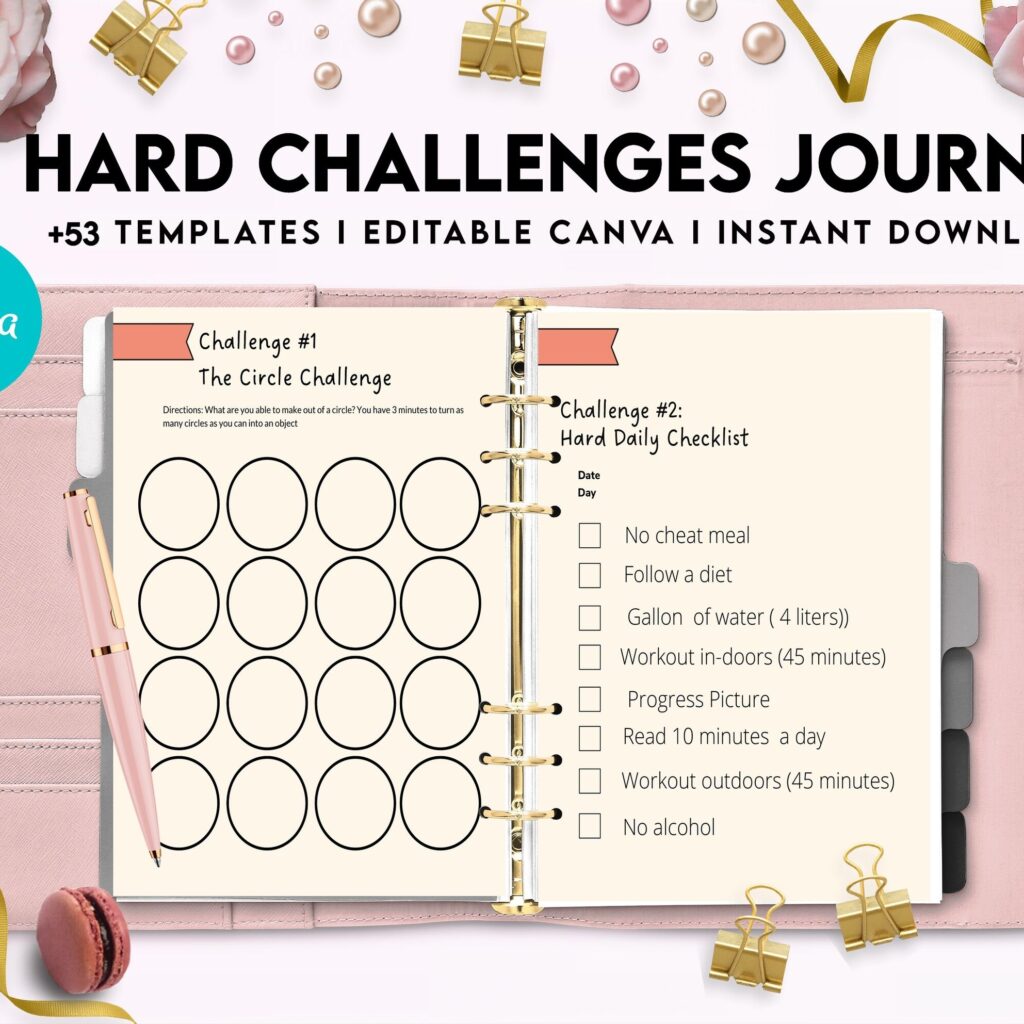 52 hard challenges, Daily chanllenges, diet, fitness, food, health, progress tracker, self care challenges, happiness, workout , Canva Editable Templates, Kdp interior