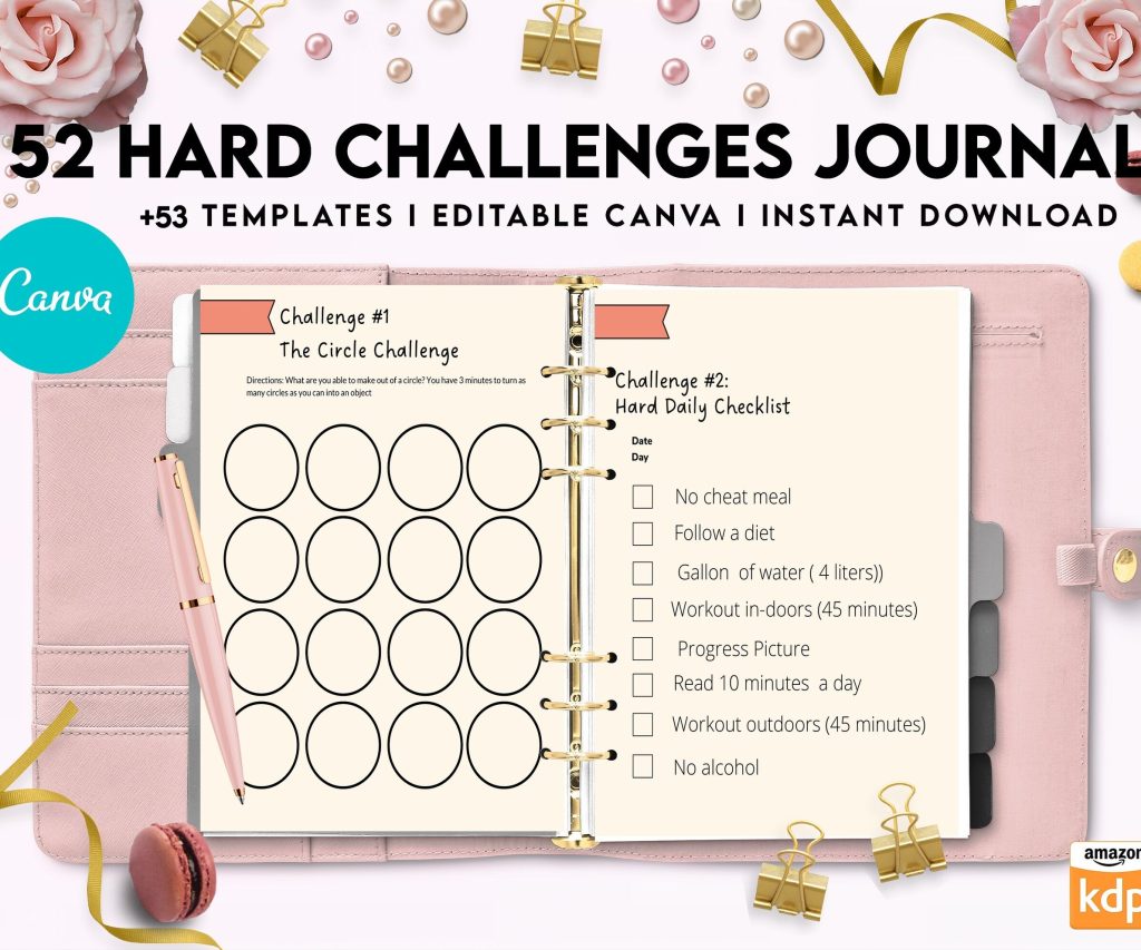 52 hard challenges, Daily chanllenges, diet, fitness, food, health, progress tracker, self care challenges, happiness, workout , Canva Editable Templates, Kdp interior