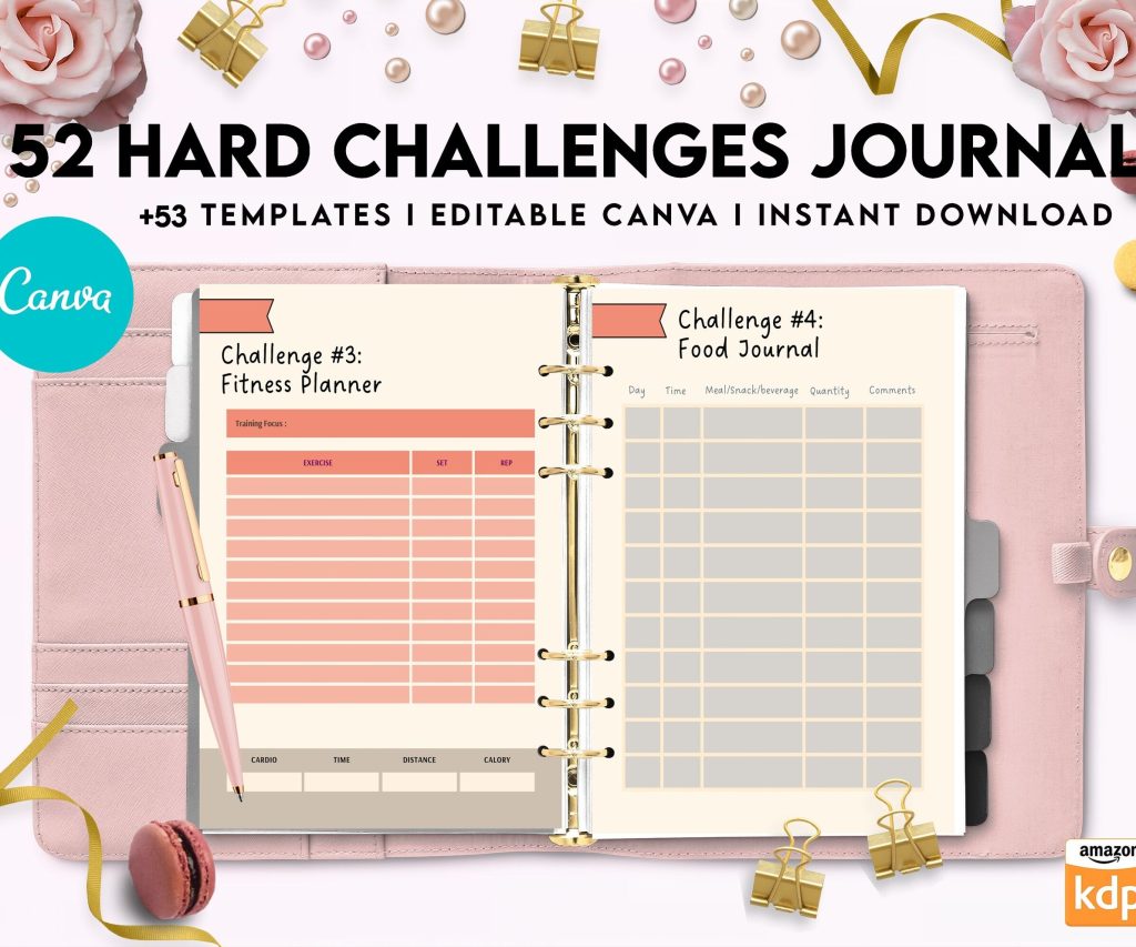 52 hard challenges, Daily chanllenges, diet, fitness, food, health, progress tracker, self care challenges, happiness, workout , Canva Editable Templates, Kdp interior