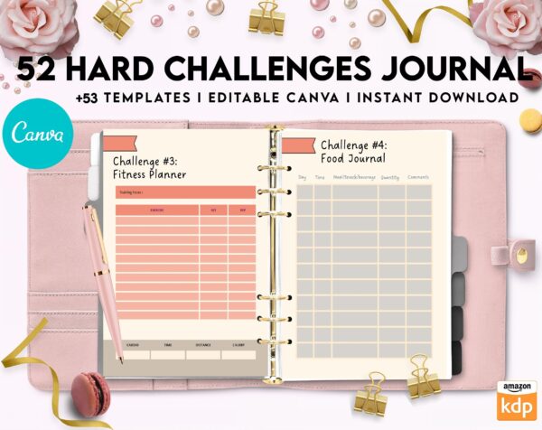 52 hard challenges, Daily chanllenges, diet, fitness, food, health, progress tracker, self care challenges, happiness, workout , Canva Editable Templates, Kdp interior