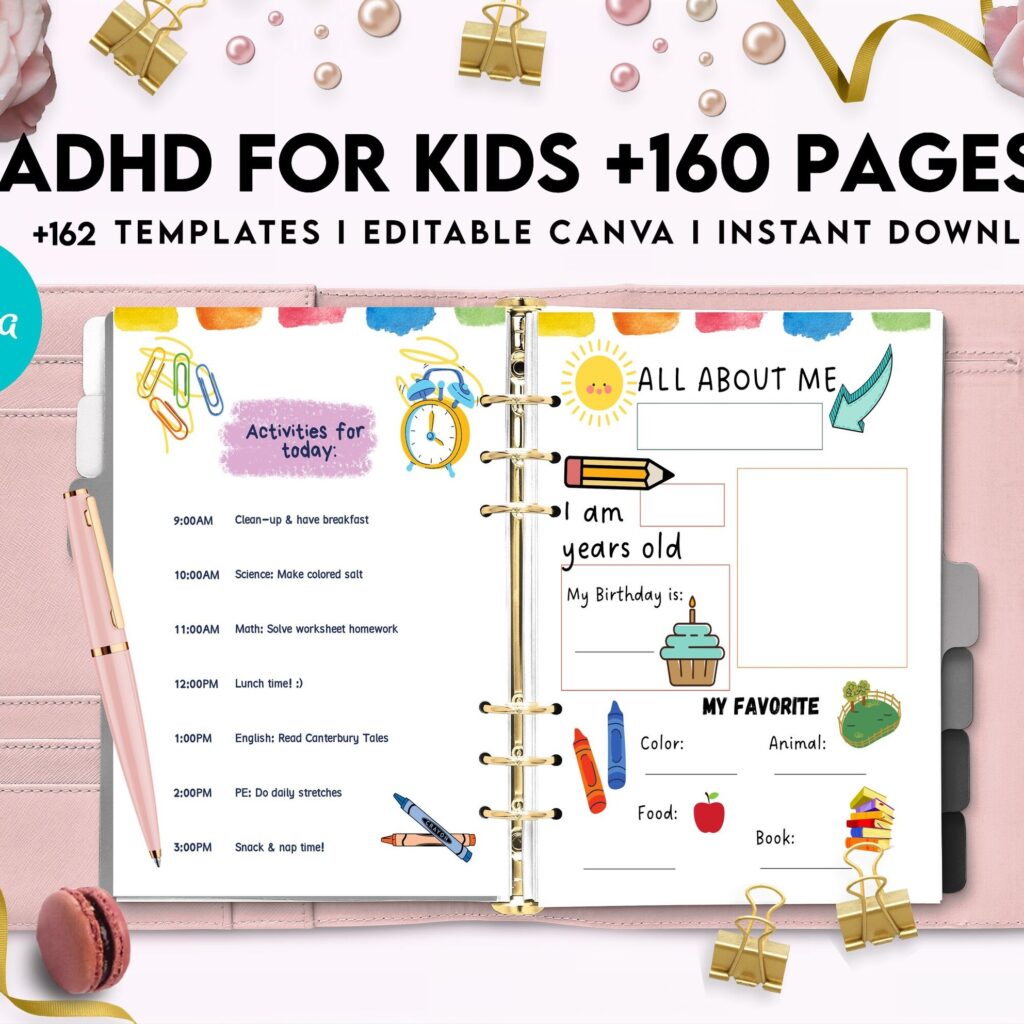 ADHD Planner For Kids , Editable Templates Kids ADHD Planner, Kids School Planner, ADHD Planner Sheets, Colorful Planner, Canva Editable Templates, Kdp interior