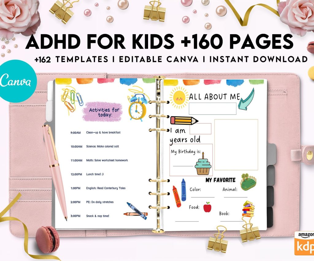 ADHD Planner For Kids , Editable Templates Kids ADHD Planner, Kids School Planner, ADHD Planner Sheets, Colorful Planner, Canva Editable Templates, Kdp interior