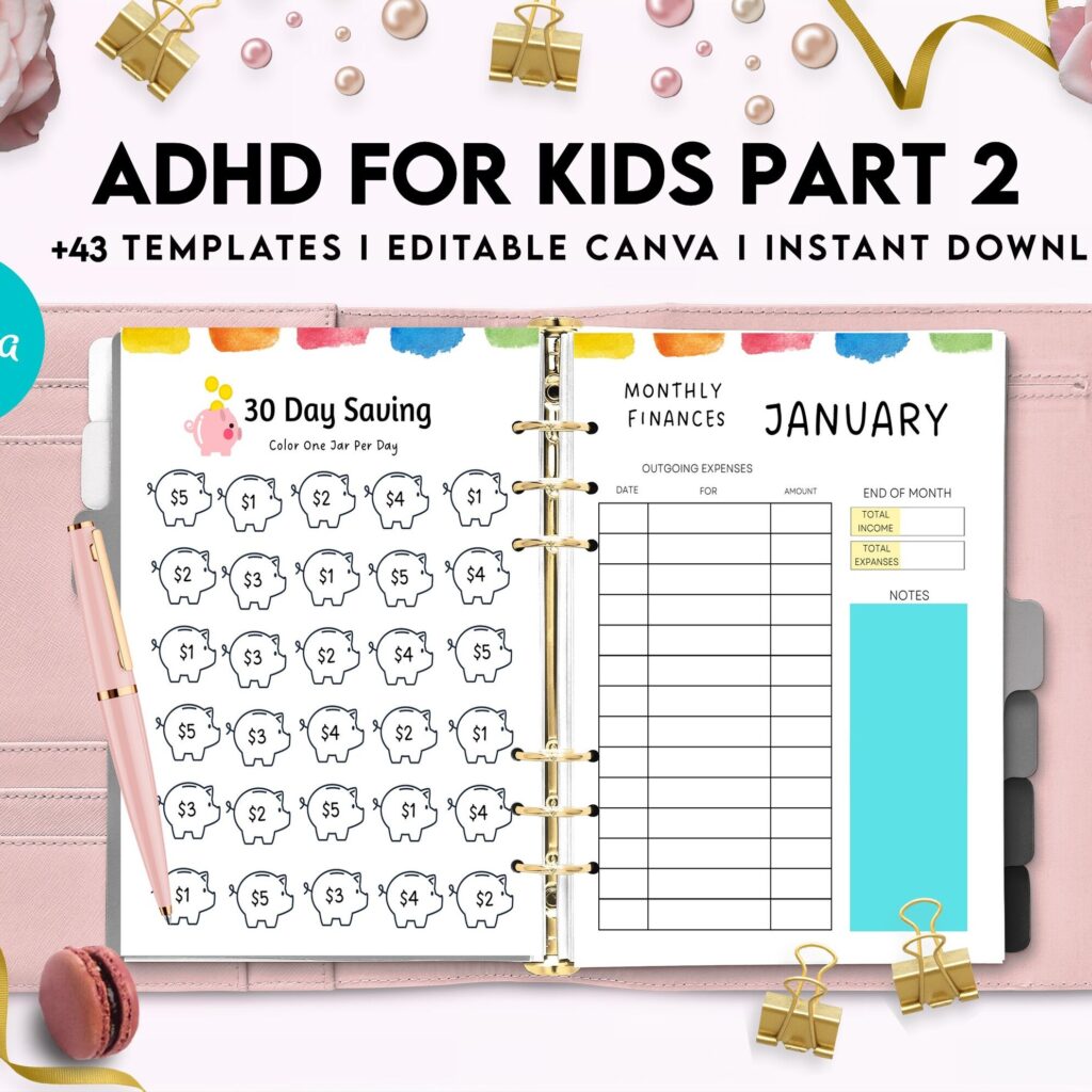 ADHD Planner For Kids , Editable Templates Kids ADHD Planner, Kids School Planner, ADHD Planner Sheets, Colorful Planner, Canva Editable Templates, Kdp interior