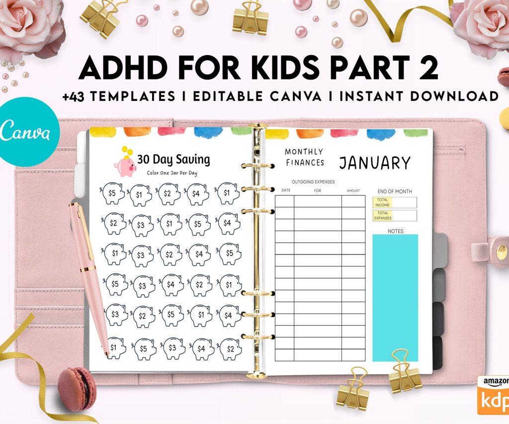 ADHD Planner For Kids , Editable Templates Kids ADHD Planner, Kids School Planner, ADHD Planner Sheets, Colorful Planner, Canva Editable Templates, Kdp interior