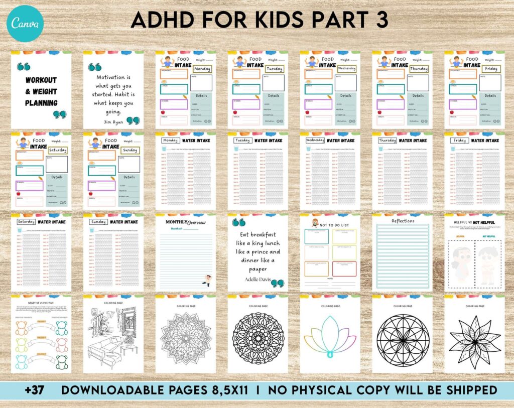 ADHD Planner For Kids , Editable Templates Kids ADHD Planner, Kids School Planner, ADHD Planner Sheets, Colorful Planner, Canva Editable Templates, Kdp interior