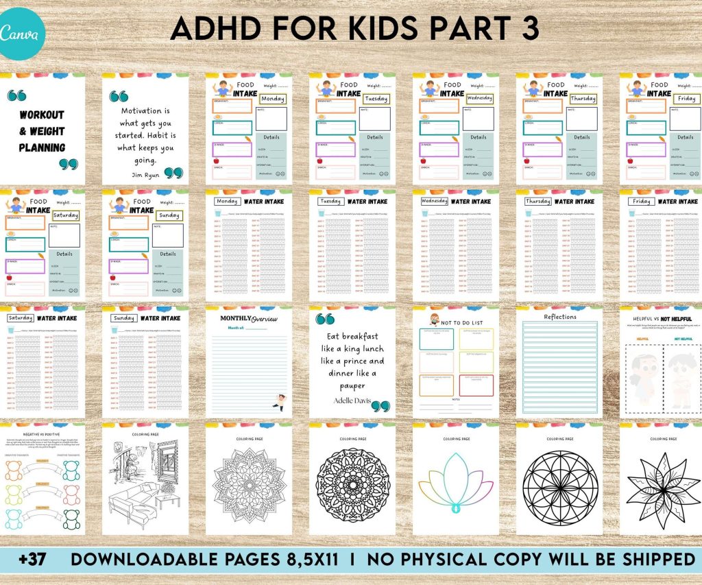 ADHD Planner For Kids , Editable Templates Kids ADHD Planner, Kids School Planner, ADHD Planner Sheets, Colorful Planner, Canva Editable Templates, Kdp interior