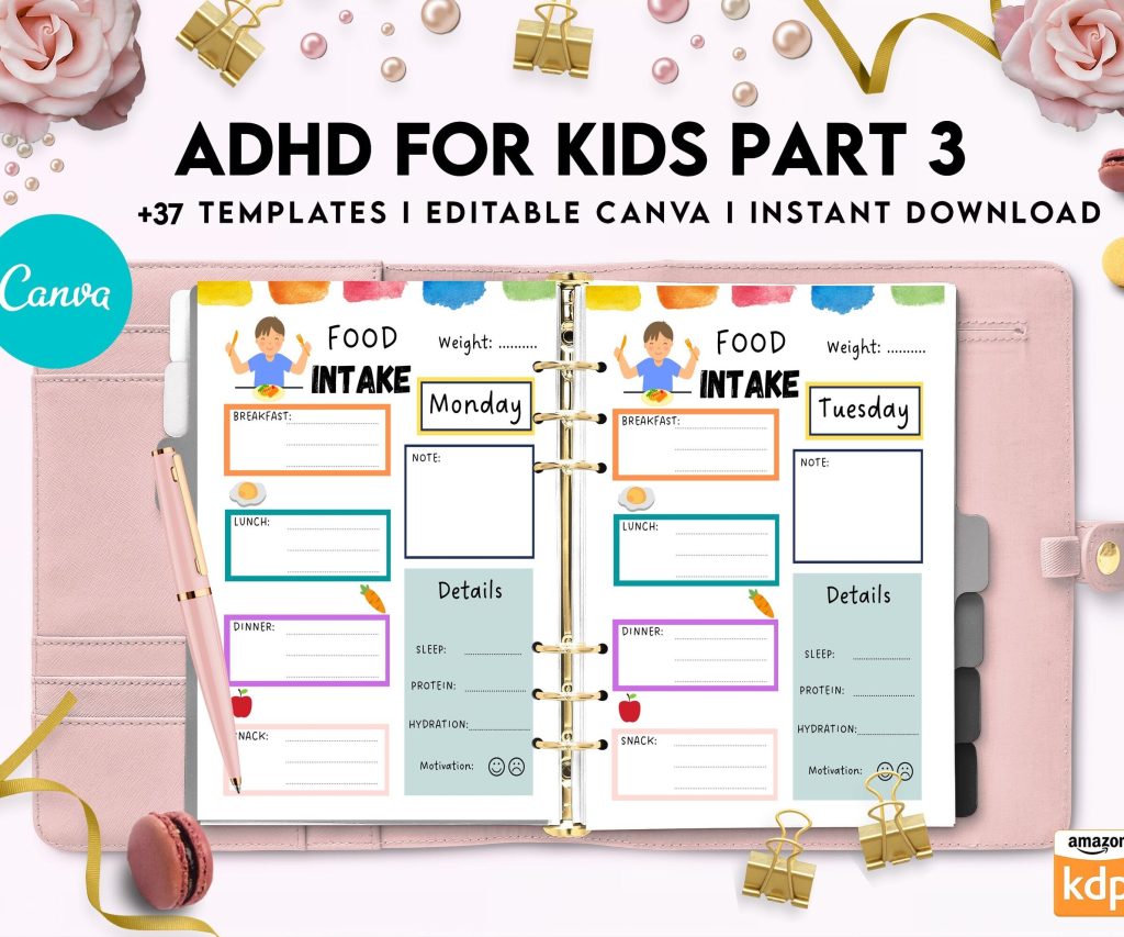 ADHD Planner For Kids , Editable Templates Kids ADHD Planner, Kids School Planner, ADHD Planner Sheets, Colorful Planner, Canva Editable Templates, Kdp interior