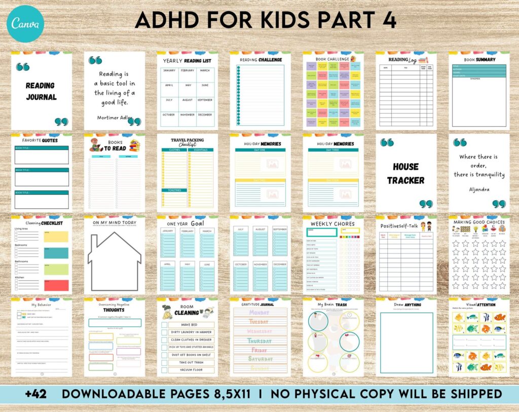 ADHD Planner For Kids , Editable Templates Kids ADHD Planner, Kids School Planner, ADHD Planner Sheets, Colorful Planner, Canva Editable Templates, Kdp interior