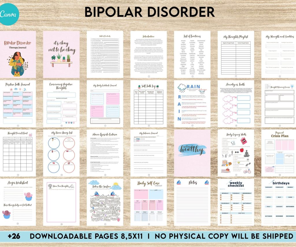 Bipolar Disorder Therapy Journal: Mental Health, Depression, Anxiety, Mood Swings, Manic, Depressive, Canva Editable Templates, Kdp interior