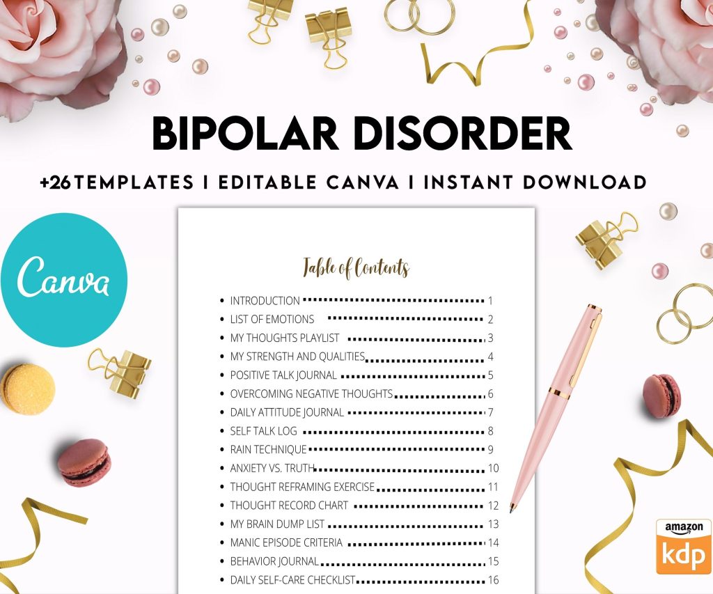 Bipolar Disorder Therapy Journal: Mental Health, Depression, Anxiety, Mood Swings, Manic, Depressive, Canva Editable Templates, Kdp interior