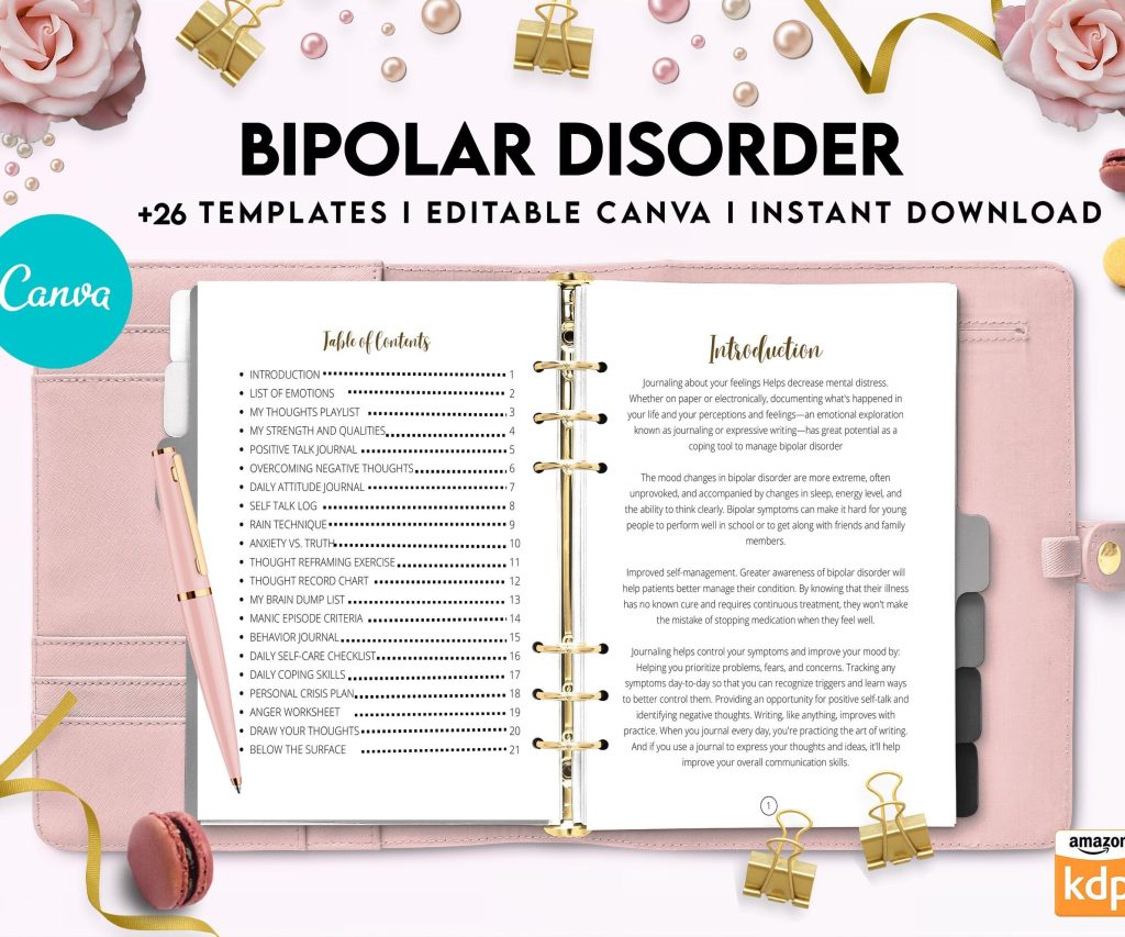 Bipolar Disorder Therapy Journal: Mental Health, Depression, Anxiety, Mood Swings, Manic, Depressive, Canva Editable Templates, Kdp interior