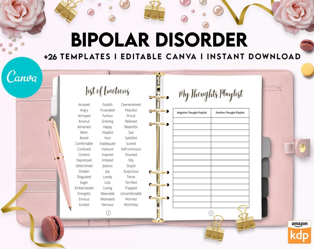 Bipolar Disorder Therapy Journal: Mental Health, Depression, Anxiety, Mood Swings, Manic, Depressive, Canva Editable Templates, Kdp interior