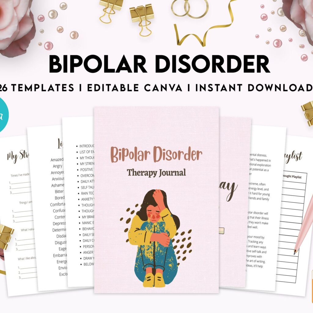 Bipolar Disorder Therapy Journal: Mental Health, Depression, Anxiety, Mood Swings, Manic, Depressive, Canva Editable Templates, Kdp interior