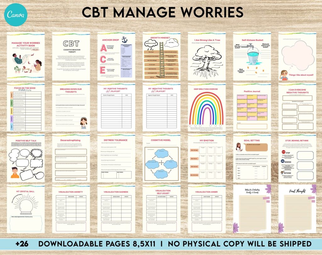 CBT activity book for Adults and kids age 12+, therapy worksheets, therapy tools, therapy resources, zones of regulation, anxiety, Canva Editable Templates, Kdp interior