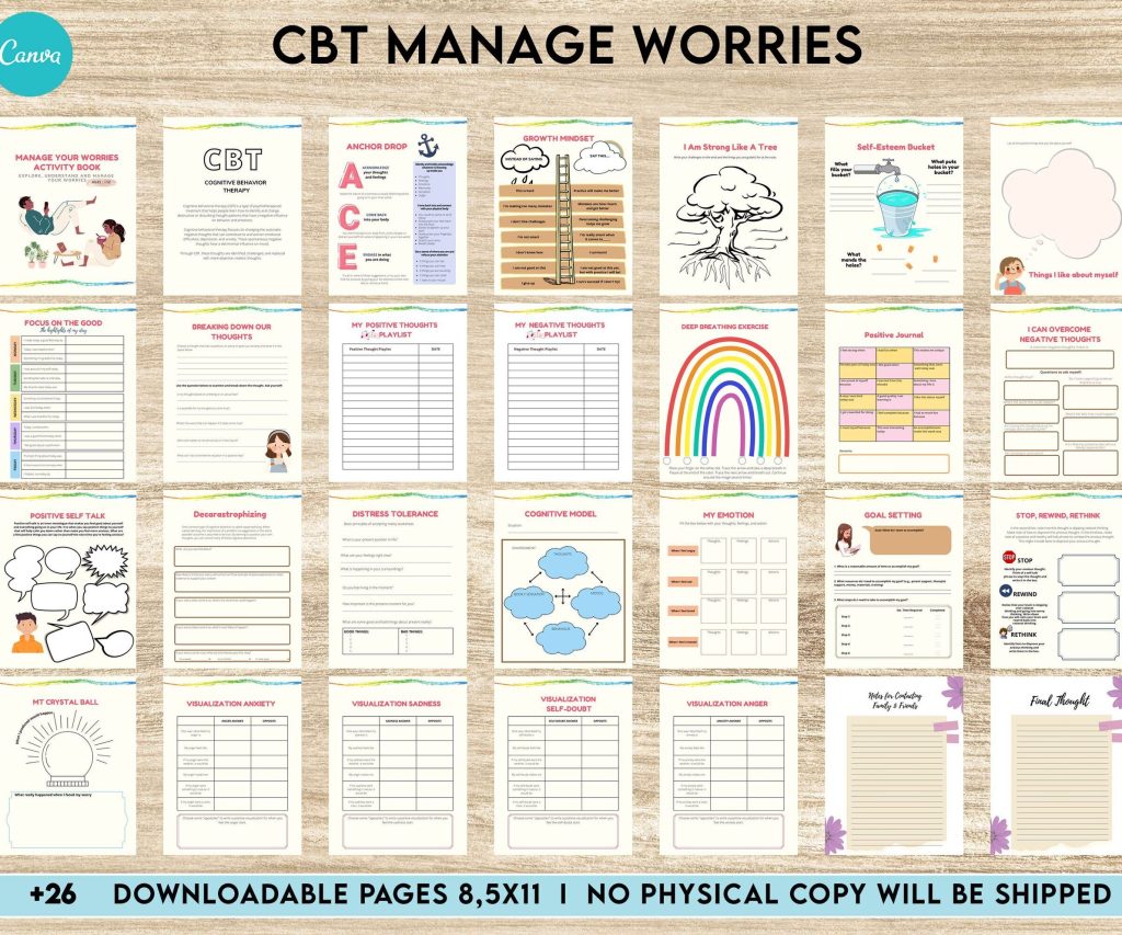 CBT activity book for Adults and kids age 12+, therapy worksheets, therapy tools, therapy resources, zones of regulation, anxiety, Canva Editable Templates, Kdp interior