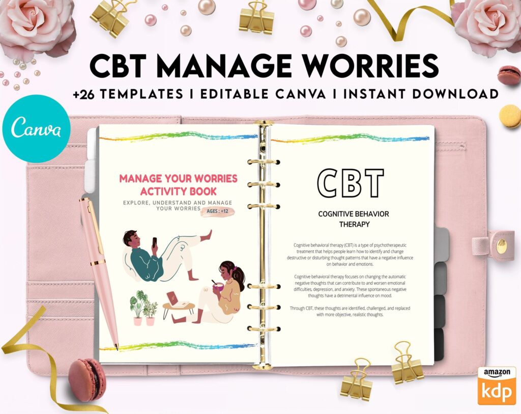 CBT activity book for Adults and kids age 12+, therapy worksheets, therapy tools, therapy resources, zones of regulation, anxiety, Canva Editable Templates, Kdp interior