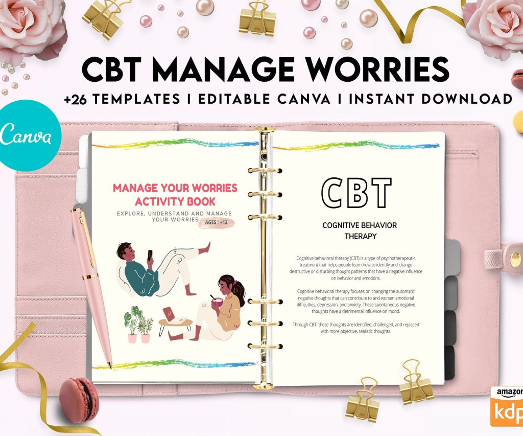 CBT activity book for Adults and kids age 12+, therapy worksheets, therapy tools, therapy resources, zones of regulation, anxiety, Canva Editable Templates, Kdp interior