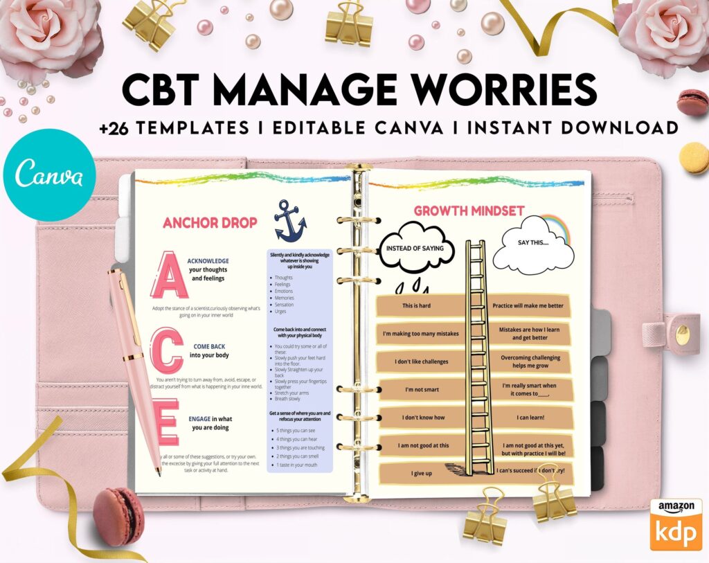 CBT activity book for Adults and kids age 12+, therapy worksheets, therapy tools, therapy resources, zones of regulation, anxiety, Canva Editable Templates, Kdp interior