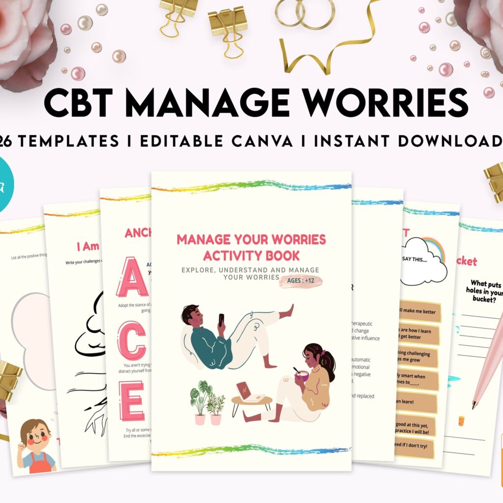 CBT activity book for Adults and kids age 12+, therapy worksheets, therapy tools, therapy resources, zones of regulation, anxiety, Canva Editable Templates, Kdp interior