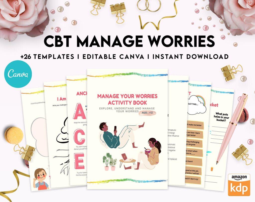 CBT activity book for Adults and kids age 12+, therapy worksheets, therapy tools, therapy resources, zones of regulation, anxiety, Canva Editable Templates, Kdp interior