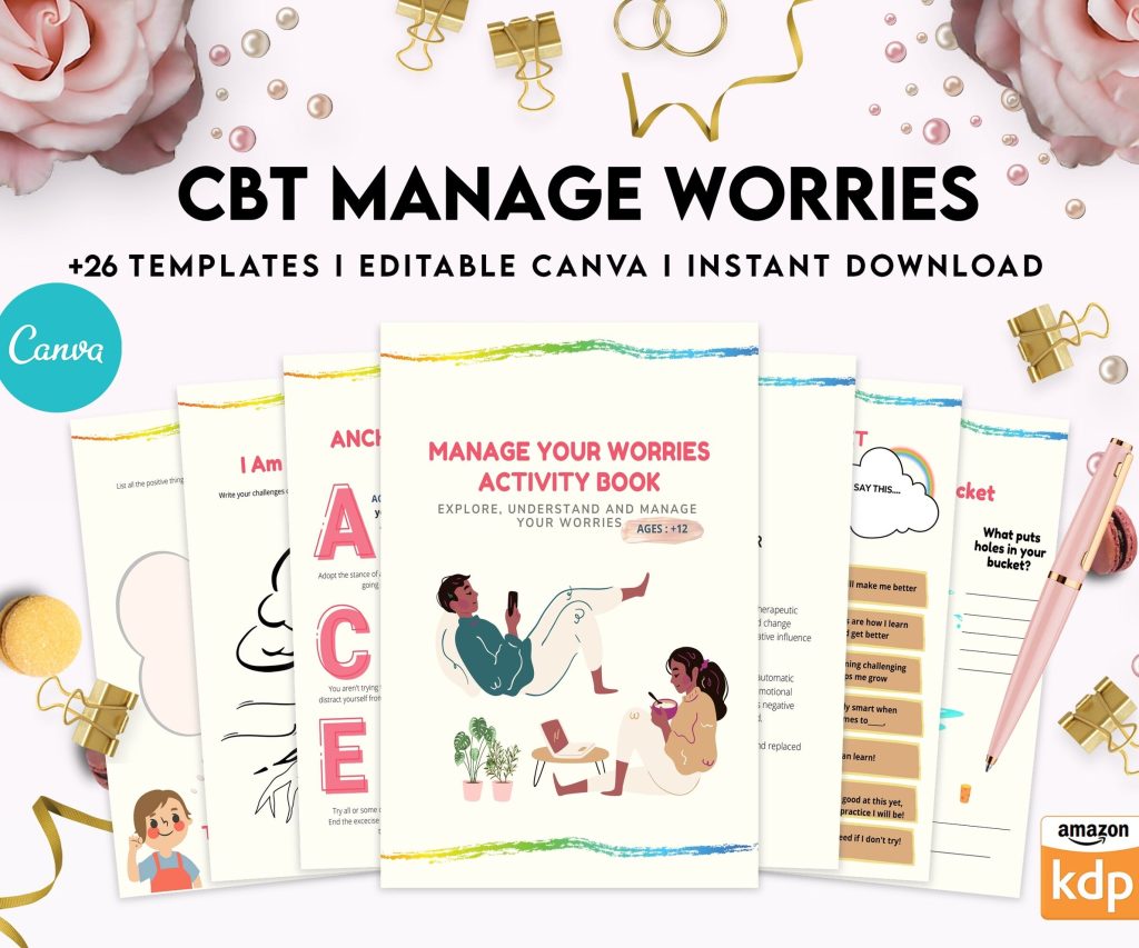 CBT activity book for Adults and kids age 12+, therapy worksheets, therapy tools, therapy resources, zones of regulation, anxiety, Canva Editable Templates, Kdp interior