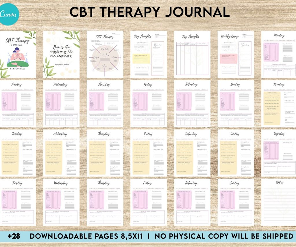 CBT Journal, CBT Worksheet and Planner Bundle, Cognitive Behavioural Therapy, Canva Editable Templates, Kdp interior