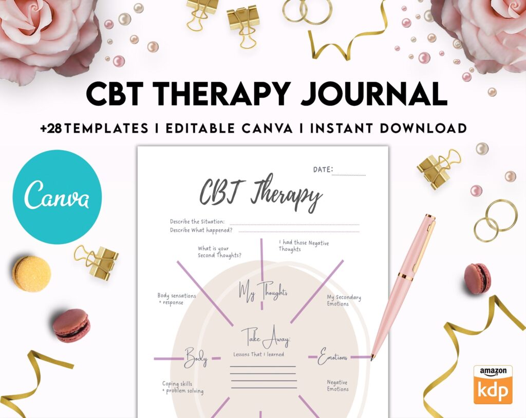 CBT Journal, CBT Worksheet and Planner Bundle, Cognitive Behavioural Therapy, Canva Editable Templates, Kdp interior