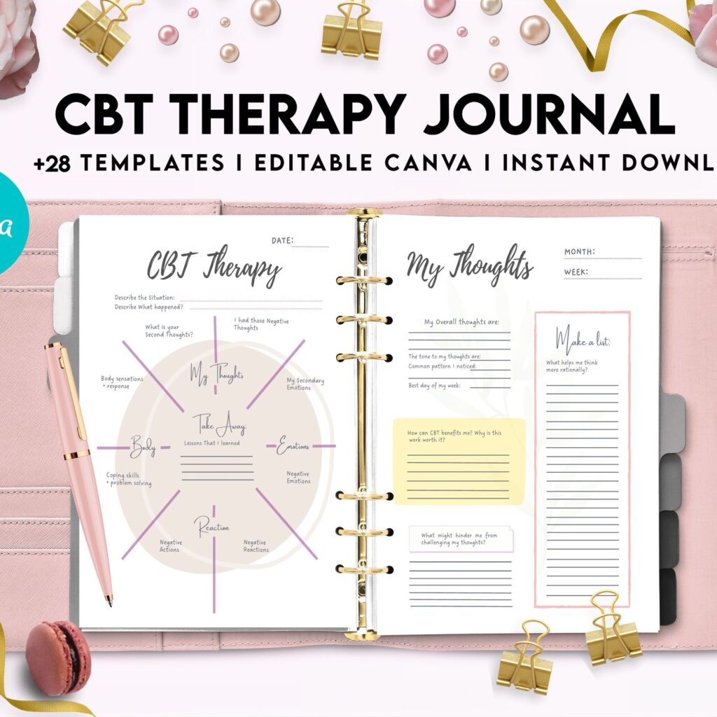 CBT Journal, CBT Worksheet and Planner Bundle, Cognitive Behavioural Therapy, Canva Editable Templates, Kdp interior