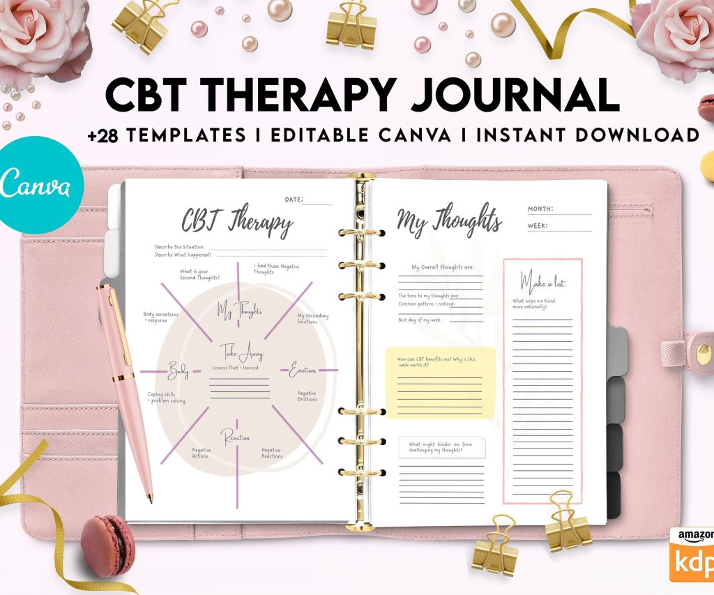 CBT Journal, CBT Worksheet and Planner Bundle, Cognitive Behavioural Therapy, Canva Editable Templates, Kdp interior