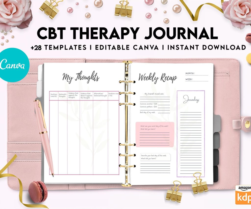CBT Journal, CBT Worksheet and Planner Bundle, Cognitive Behavioural Therapy, Canva Editable Templates, Kdp interior
