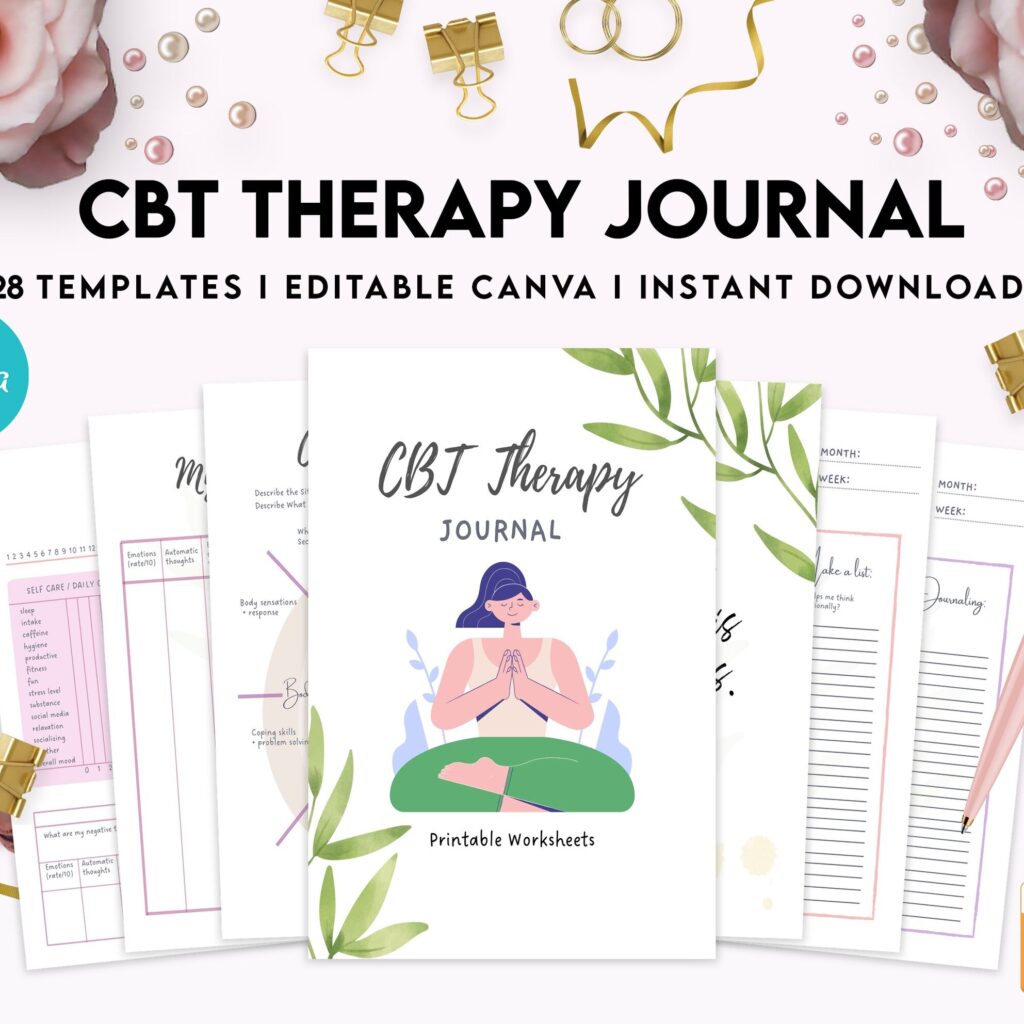 CBT Journal, CBT Worksheet and Planner Bundle, Cognitive Behavioural Therapy, Canva Editable Templates, Kdp interior
