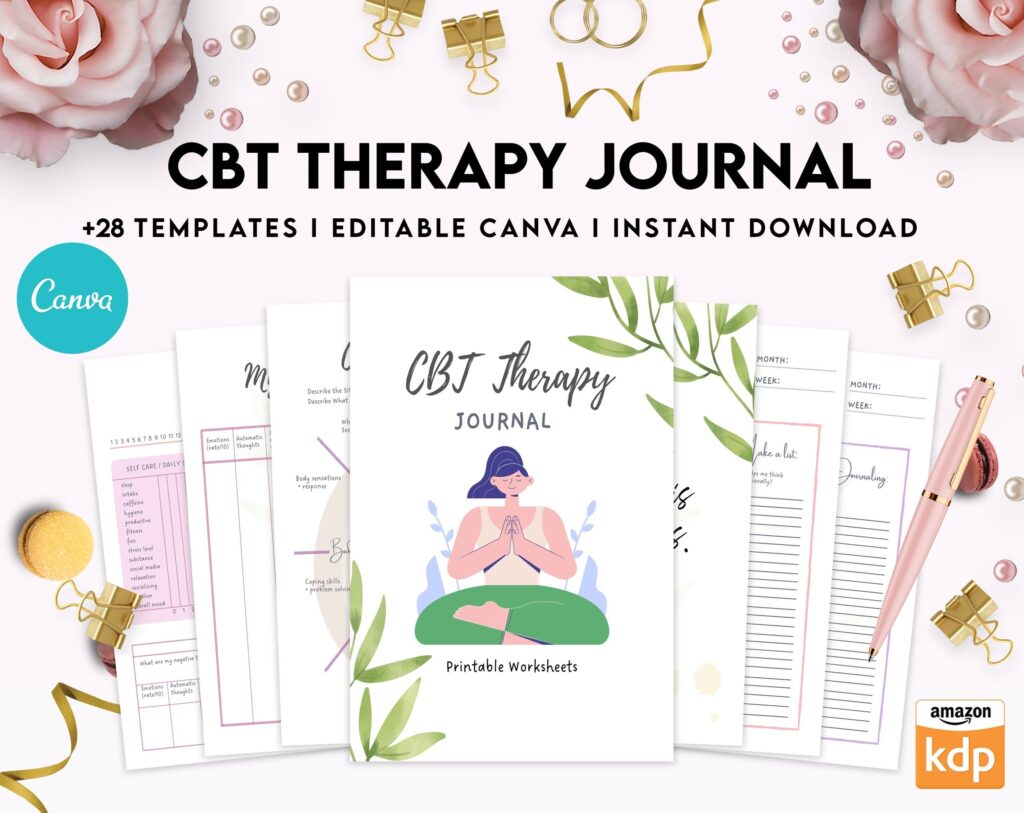 CBT Journal, CBT Worksheet and Planner Bundle, Cognitive Behavioural Therapy, Canva Editable Templates, Kdp interior
