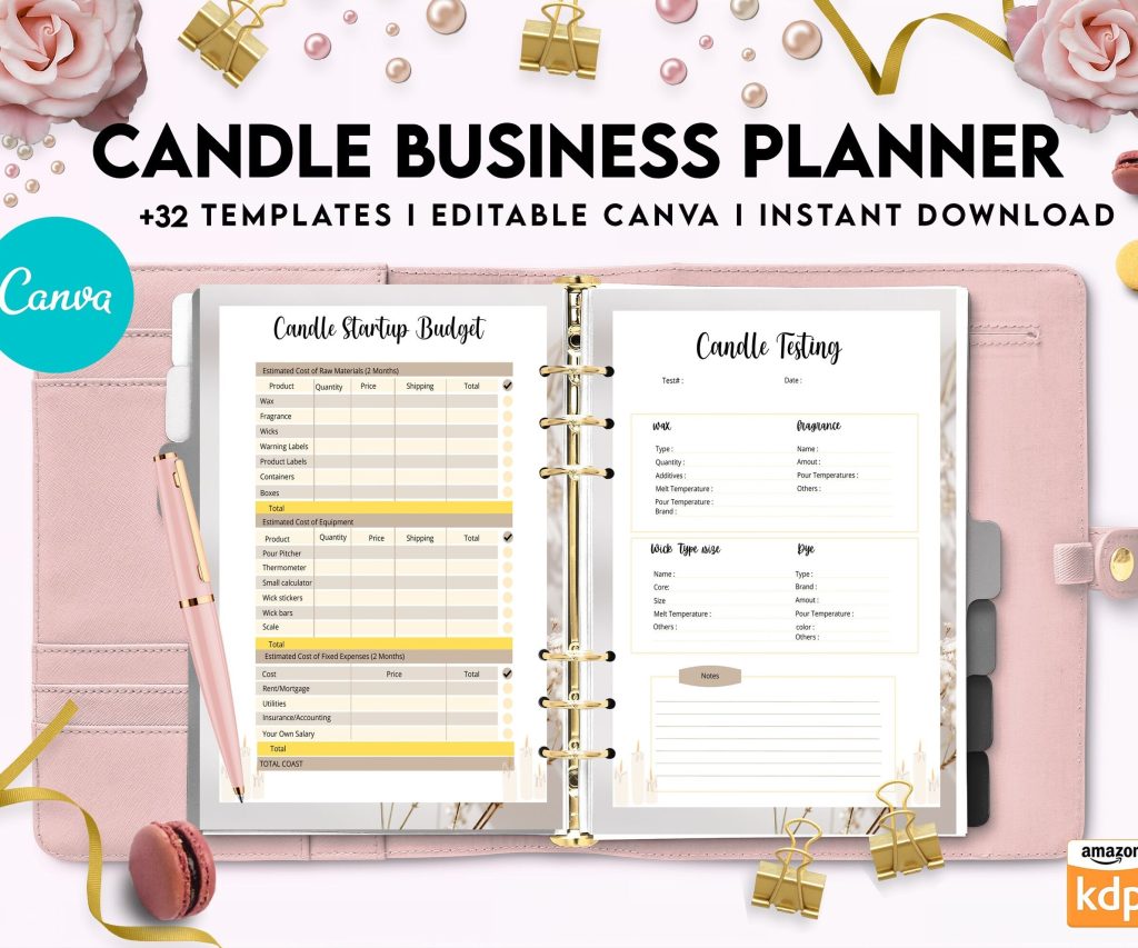 Candle Business Planner, Order form, Invoice, Tracker, 32 pages Canva Editable Templates, Kdp interior