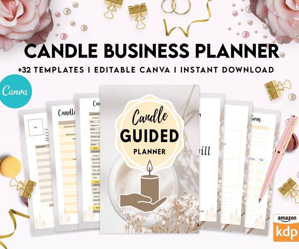 Candle Business Planner, Order form, Invoice, Tracker, 32 pages Canva Editable Templates, Kdp interior