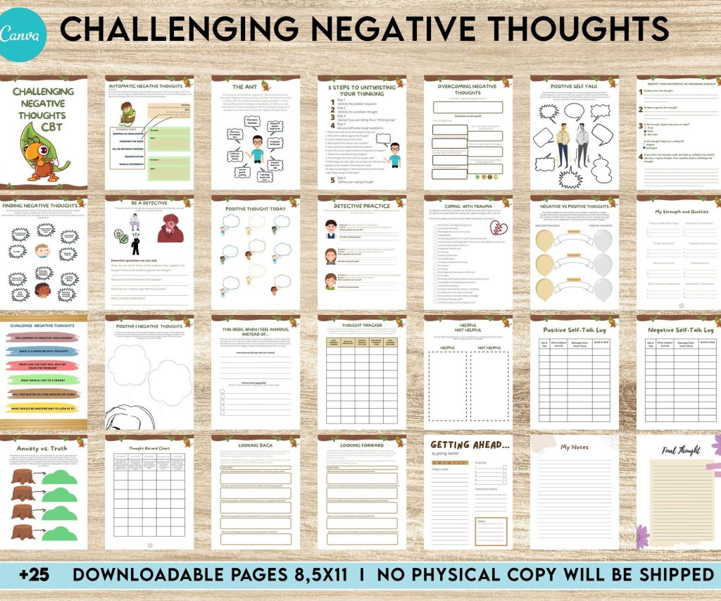 cbt self help worksheets, Challenging Negative Thoughts, CBT Editable Templates Worksheets, Self care journal, Self Help Tool Therapy Mental Health Counseling Aid, Canva Editable Templates, Kdp interior