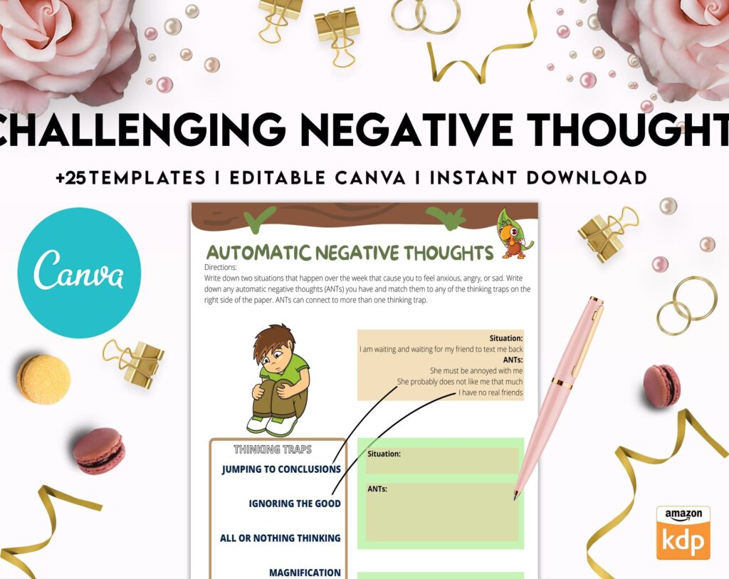 Challenging Negative Thoughts, CBT Editable Templates Worksheets, Self care journal, Self Help Tool Therapy Mental Health Counseling Aid, Canva Editable Templates, Kdp interior