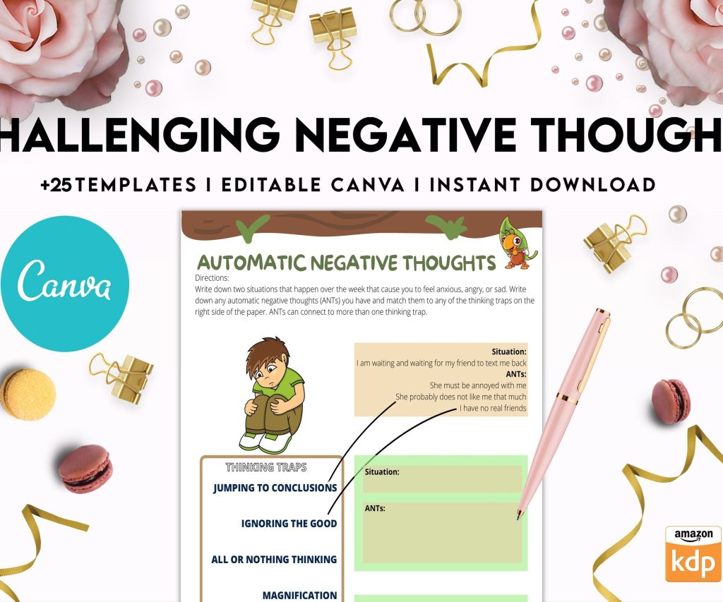 Challenging Negative Thoughts, CBT Editable Templates Worksheets, Self care journal, Self Help Tool Therapy Mental Health Counseling Aid, Canva Editable Templates, Kdp interior