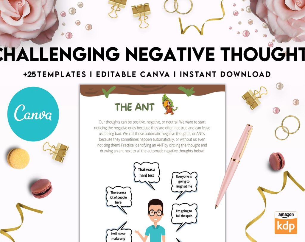 Challenging Negative Thoughts, CBT Editable Templates Worksheets, Self care journal, Self Help Tool Therapy Mental Health Counseling Aid, Canva Editable Templates, Kdp interior